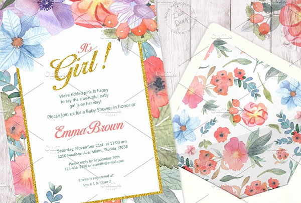 Floral Watercolor Baby Shower Invitation Ticket