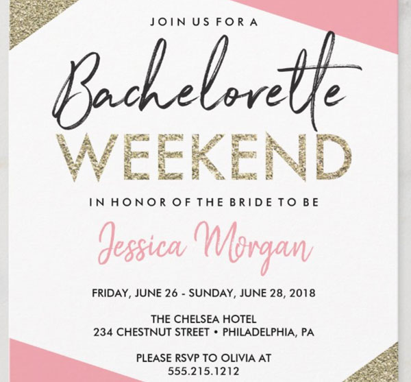 Bachelorette Weekend Pink and Gold Party Invitation