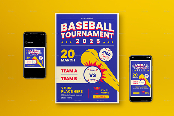 Blue Flat Design Baseball Tournament Flyer Set