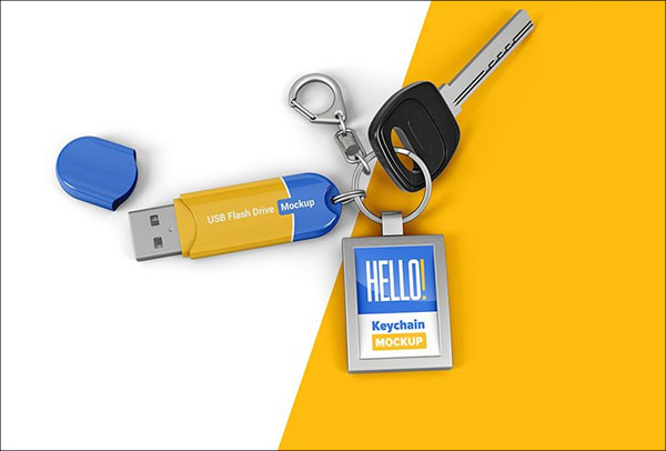 Branded Keychain With USB Flash Drive Mockup