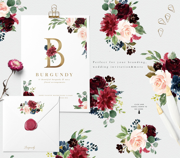Burgundy & Navy Floral Invitation Set