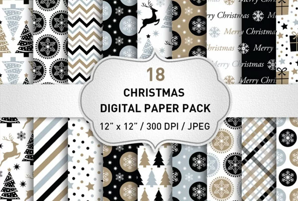 Christmas Digital Paper Pack Black and White