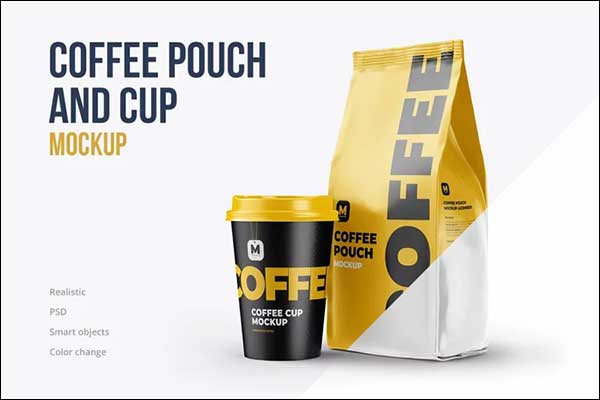 Coffee Pouch Half Side & Cup Mockup