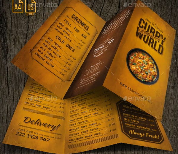Curry World Retro Trifold Menu Brochure