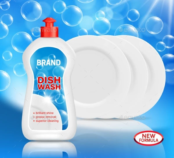 Dish Wash Liquid Soap with Clean Dishes Mockup