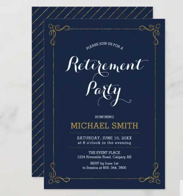 Gold & Navy Elegant Classy Retirement Party Card
