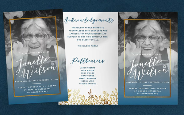 Gold Floral Funeral Program Flyer Template Word Download