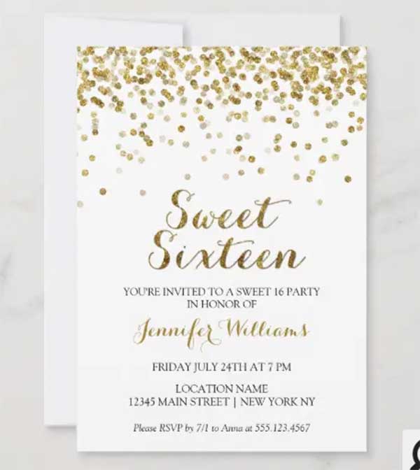 Gold Glitter Confetti Sweet Sixteen 16 Invitation
