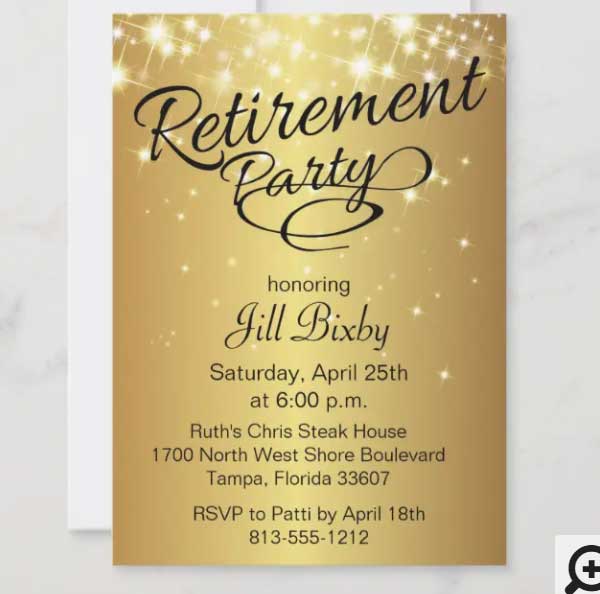 Gold Sparkly Retirement Party Invitation Design