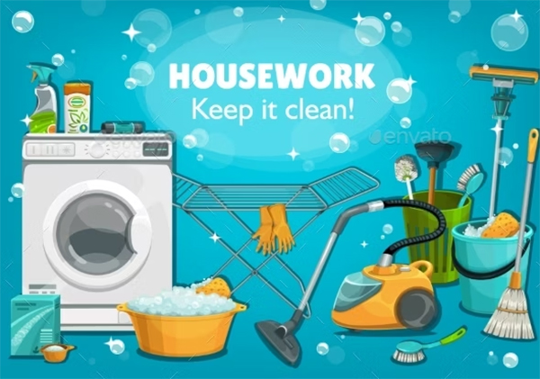 Housework Untesils and Laundry Tools Vector Poster