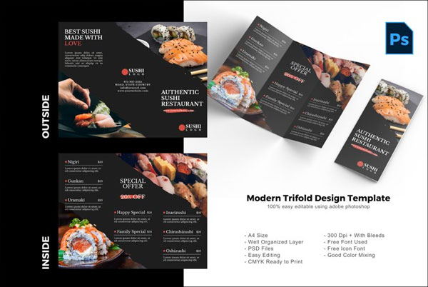 Japanese Sushi Restaurant Trifold Brochure Design Template