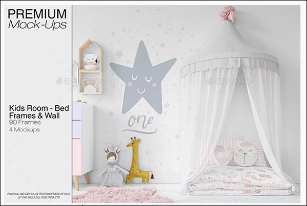 Kids Bed with Drapery Wall & Frames Mockup