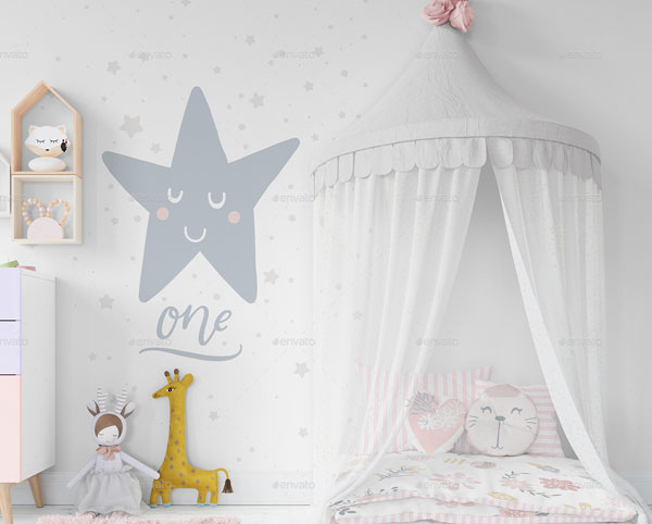 Kids Bed with Drapery Wall Mockups