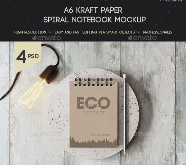 Kraft Paper Spiral Notebook Mockup