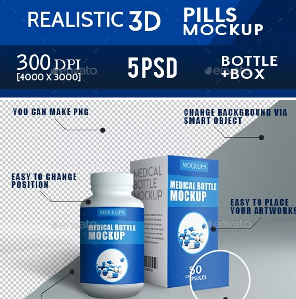 Medicine & Pills Bottle and Box Mockup