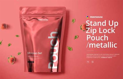 Metallic Pouch Packaging Mockup Set Templates