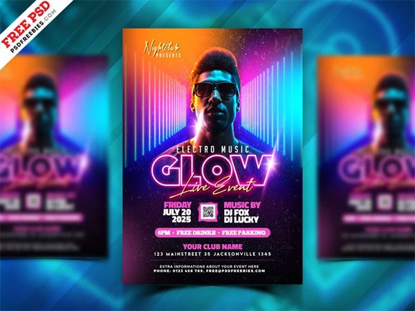 Neon Glow Party Flyer Free PSD Template