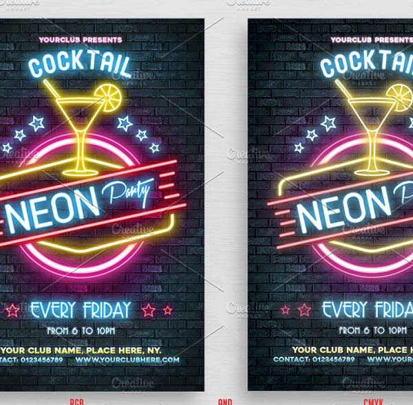 Neon Cocktail Party Flyer Templates