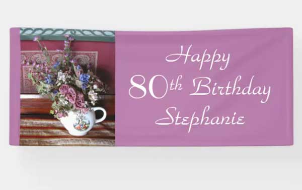 Personalized 80th Birthday Vintage Teapot Purple Banner
