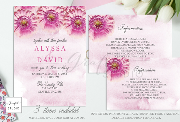 Pink Daisies Floral Wedding Invitation Template