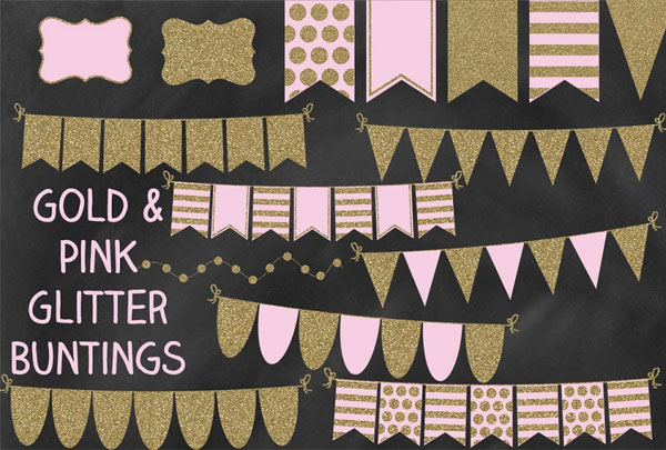 Pink and Gold Glitter Bunting Banner