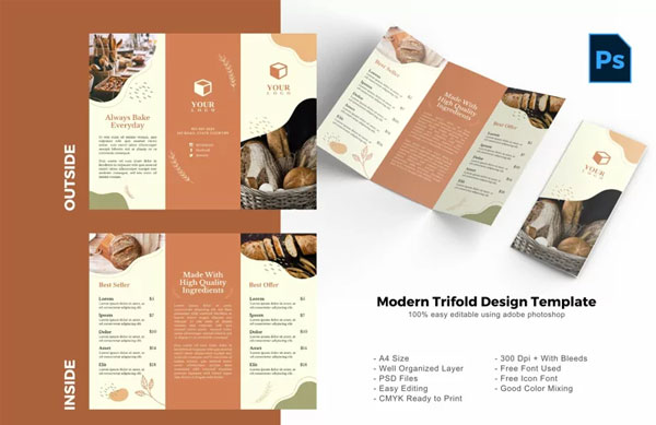 Premium Bakery Restaurant Trifold Brochure Template