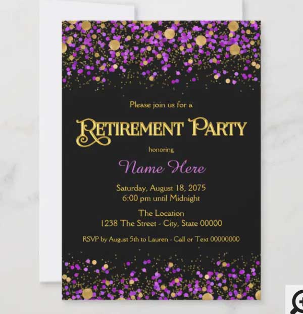 Purple and Gold Glitter Retirement Party Invitation