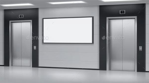 Realistic Elevators Lobby with Close Door and Ad Poster Mockup