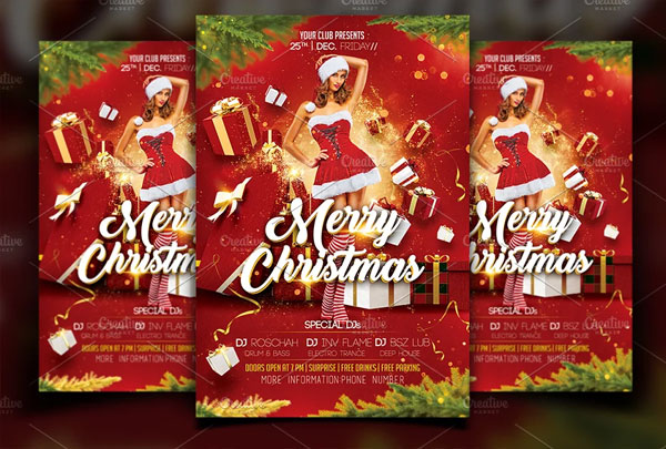 Red Merry Christmas Party Flyer Design Template
