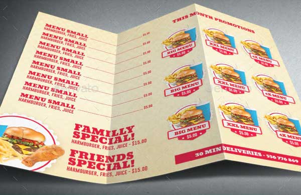 Restaurant Fast Food Menu Trifold Brochure