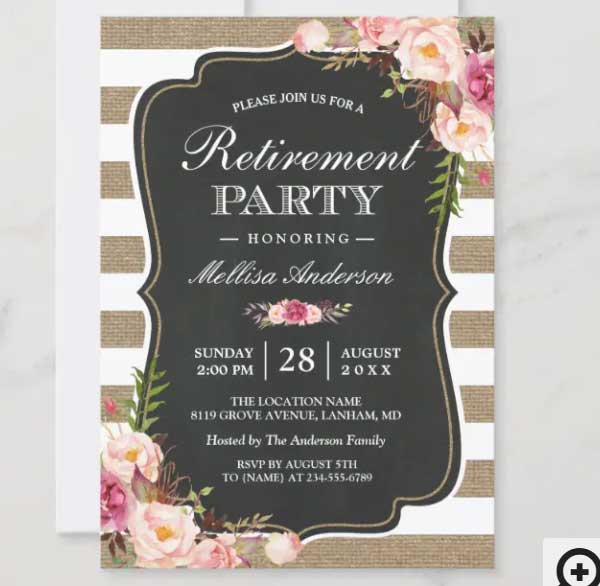 Rustic Retirement Party Floral Burlap Stripes Invitation