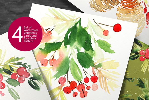 Set of Watercolor Christmas Cards