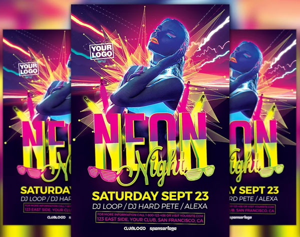 Simple Neon Night Party Flyer Template