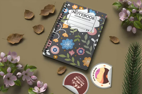 Spiral Notebook and Stickers Mockup