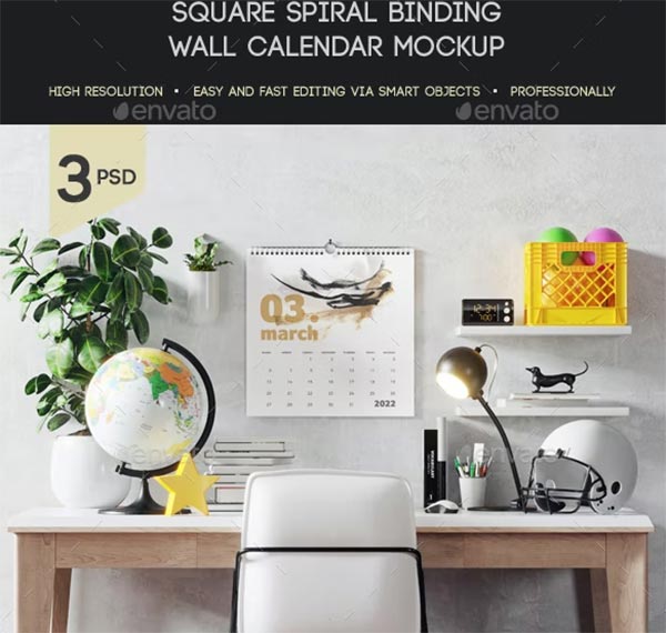 Square Spiral Binding Wall Calendar Mockup