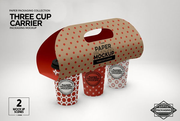 Three Cup Paper Carrier Packaging Mockup