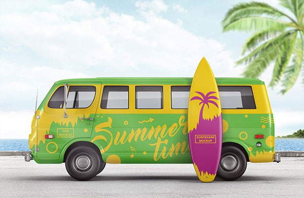 Van With Surfboard Branding Mockup
