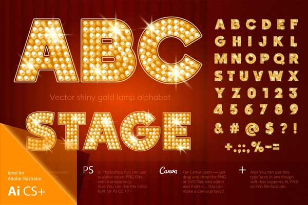 Vector Shiny Gold Lamp Alphabet Text Effects