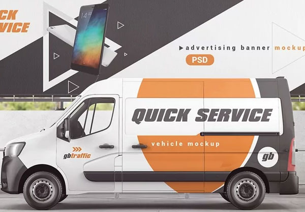 Vehicle With Outdoor Advertising Banner Mockup