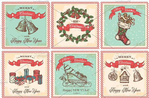 Vintage Christmas And New Year Cards Set