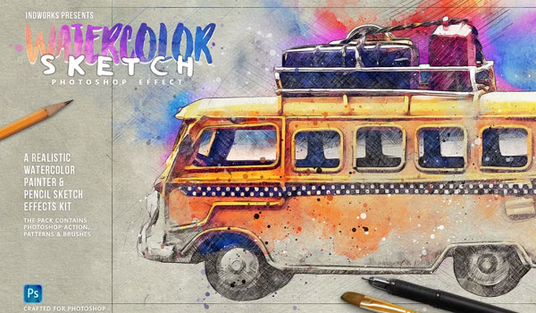 Watercolor Sketch PSD Action Template