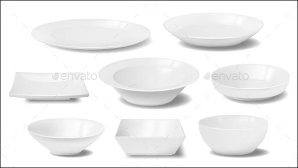 White Plate, Dish and Food Bowl Realistic Mockups