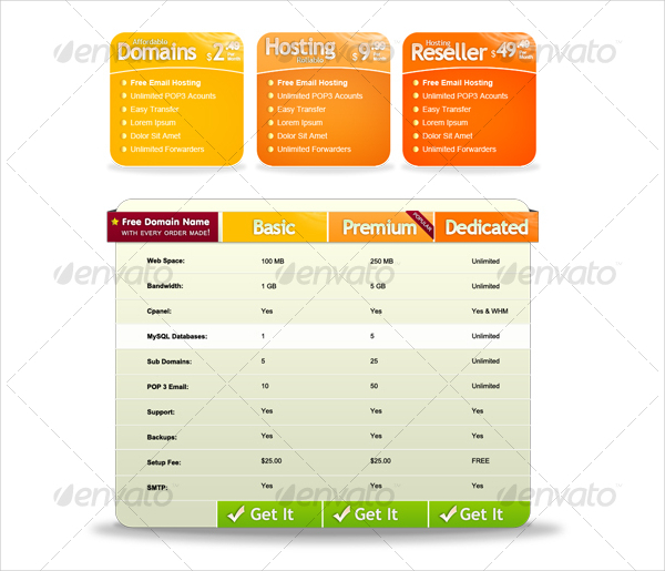 Pricing Table Web Hosting Table Templates