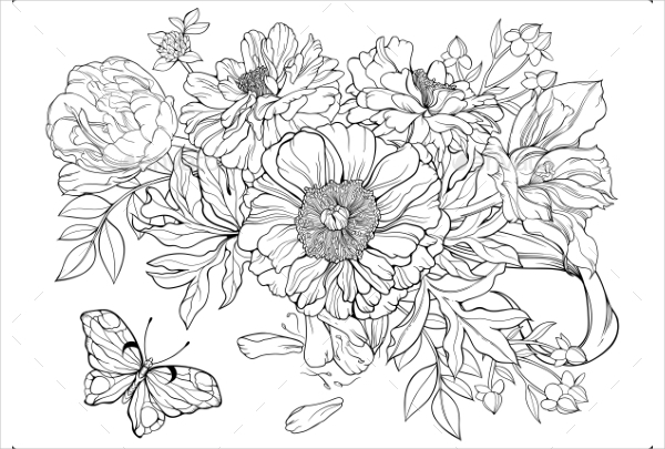Bunch Of Flowers And A Butterfly Coloring Page