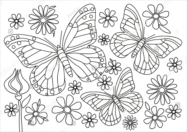 Coloring page - Butterflies with flowers
