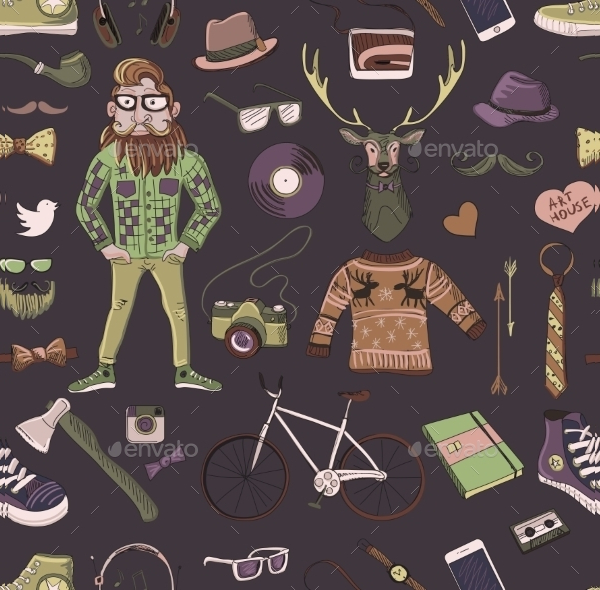 Colored Hand-drawn Hipster Style Pattern