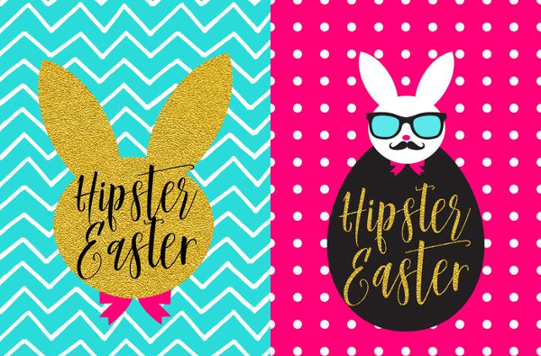 Trendy Bunny Hipster Easter Vector Poster Set