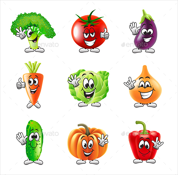 Funny Cartoon Vegetables Icons Vector Set