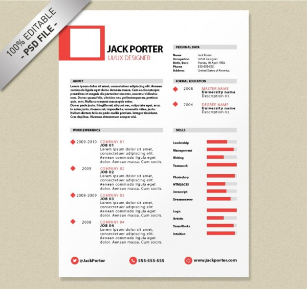 Creative Resume Template Download Free Free PSD