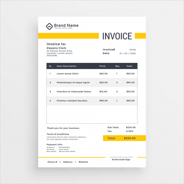 Minimal Yellow Invoice Template Free Vector
